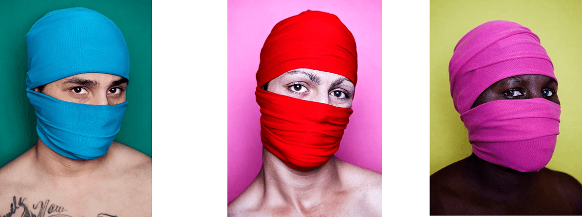 man en twee vrouwen bedekt met doeken behalve hun ogen